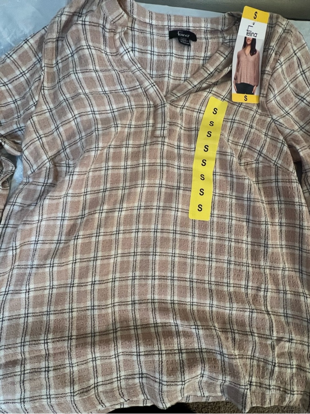 Felina Beige Plaid V-Neck Blouse